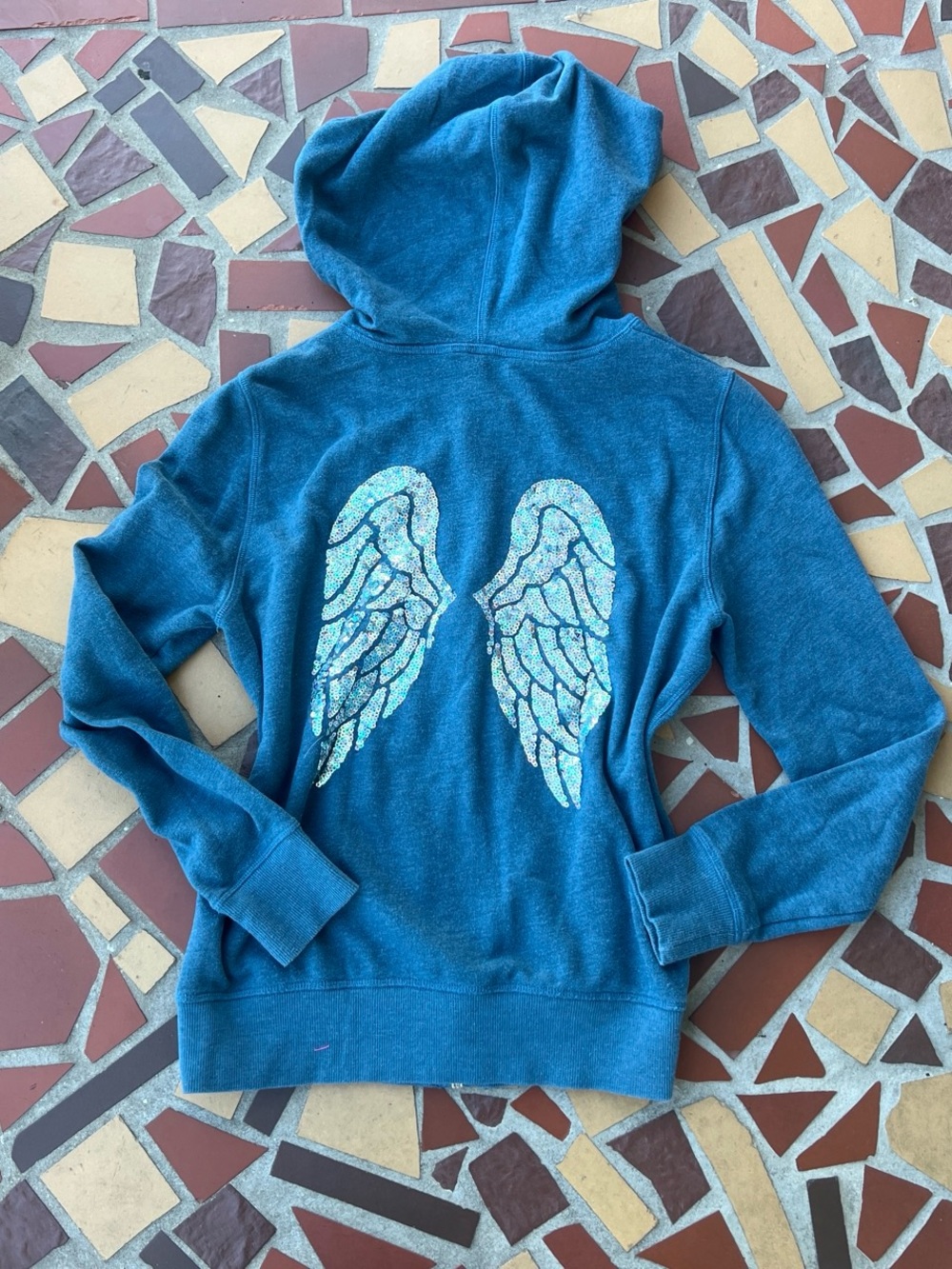 Y2K Style Victoria's Secret Teal Hooded Pullover with Sequin Angel Wings